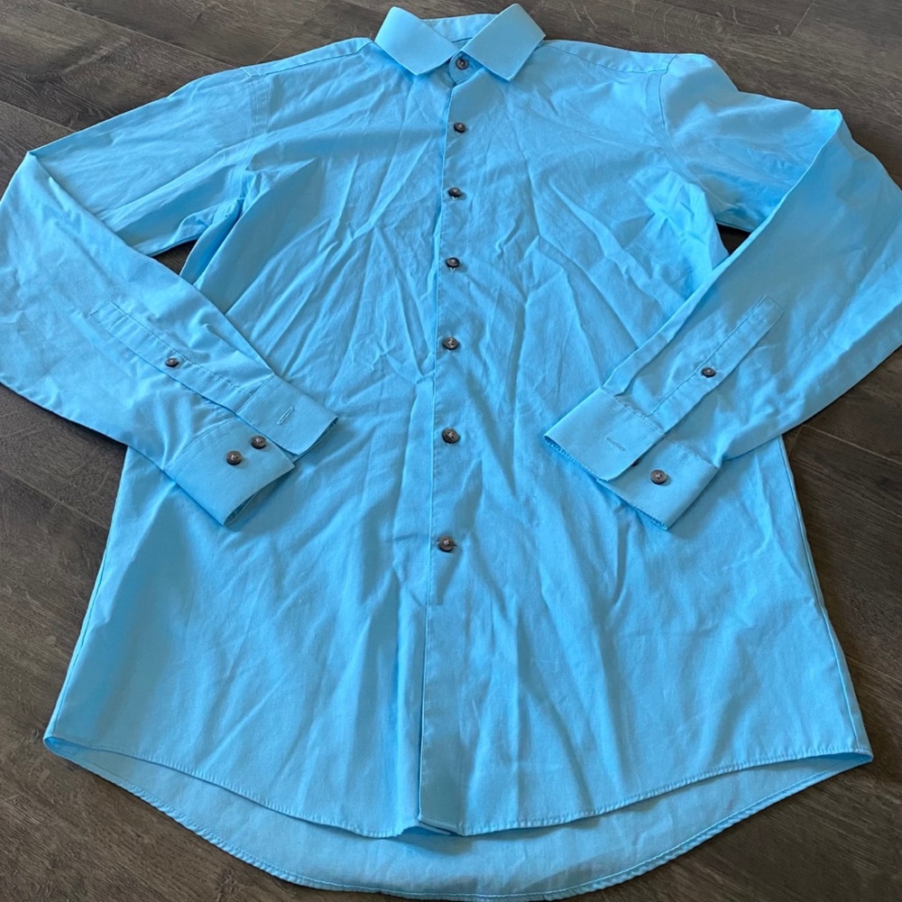 J Ferrer Mens Blue Long Sleeve Slim Fit Dress Shirt | Size S /14-14.5/34-35